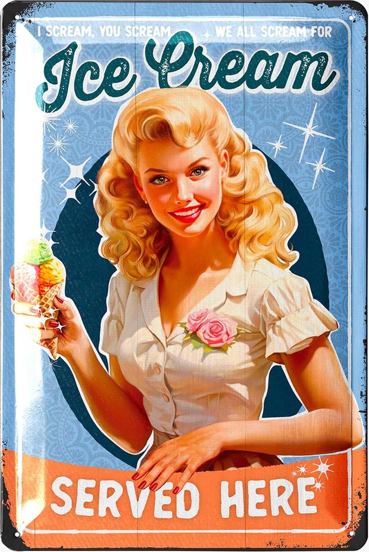 LANOLU Vintage Tin Sign Retro Diner Decor ICE CREAM, Metal Kitchen Signs Wall Decor, 8x12 inches