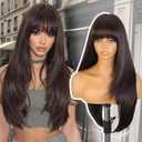Brown Wig With Bangs 26 Inch Long Straight Wigs for Women Dark Brown Layered Hair Synthetic Heat Resistant Hair for Daily Party Use