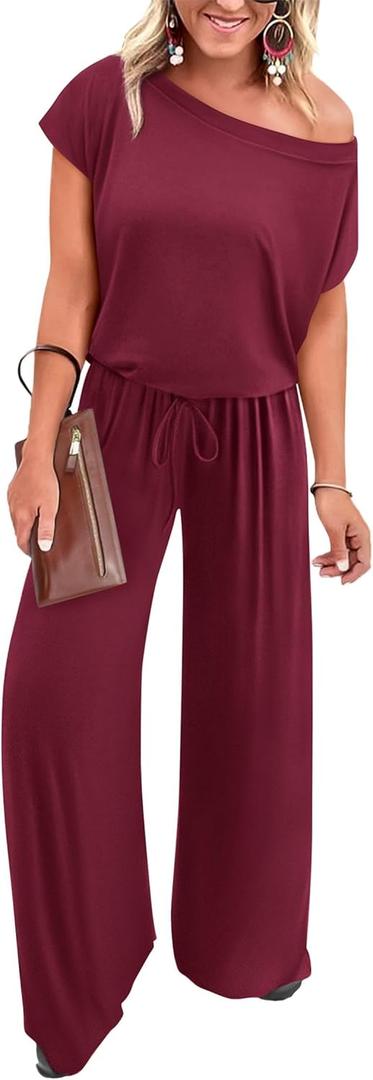 KIRUNDO Womens Jumpsuit 2025 Casual Summer Loose One Piece Off Shoulder Elastic Waist Wide Leg Long Romper with Pockets (Large,Red)