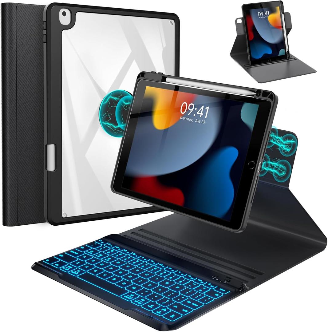BLUTLOTUS Keyboard Case for iPad 9th/8th/7th Generation 10.2 Inch,360 Rotatable Magnetic Keyboard Case with Pencil Holder Grooves Design(2021/2020/2019),7 Color Backlit Detachable Wireless (Black)