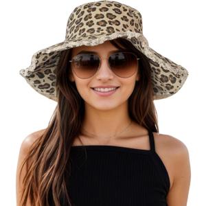 Womens Sun Hat Summer Wide Brim Foldable Beach Hats for Women Leopard Print Khaki (Brown)