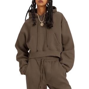 Kissonic Women's Fleece Jogger Sets 2 Pieces Sweatsuits Outfits Crop Top Hoodies Jogger Pants (Medium, Coffee)