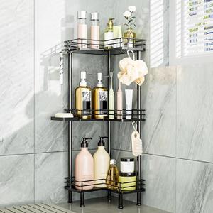 Consumest Corner Shower Caddy Standing  3Tier Stainless Steel Shower Organizer with Soap Holder and 4 Hooks, Large Capacity Corner Shelf Stand for Bathroom, Rest Room, Black