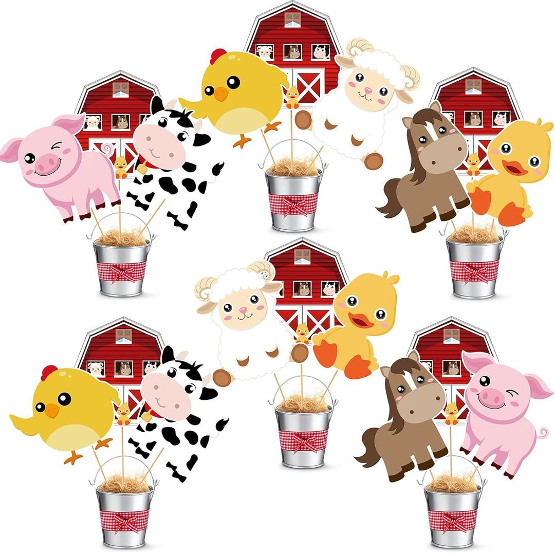 6 Set Farm Animal Party Decorations Farm Animal Centerpiece Sticks with Metal Buckets Table Toppers Animals Theme Party Baby Shower Farm Birthday Party Supplies