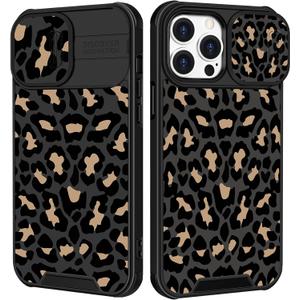 Goocrux Case for iPhone 12 Pro Max Black Luxury Phone Cover | 2in1, Leopard, for Women Girls, Cheetah Animal Print, Design, with Slide Camera Cover, Ring Holder, Pattern, Cute Cases, 6.7''
