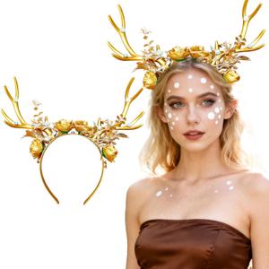 JeVenis Luxury Reindeer Antler Headband Gold Deer Fantasy Fairy Elven Headband Festival Wear Party Hats