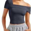 SUUKSESS Women One Off The Shoulder Summer Tank Tops Ruched Short Sleeve Shirts (Blue, L)