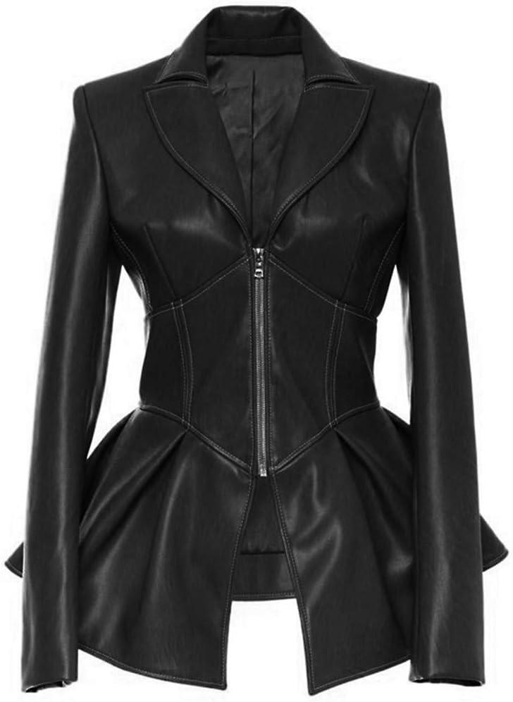 Women's Fashion Perfectly Shaping Zip Up Long Sleeves Faux Leather Biker Jacket (Black, M)