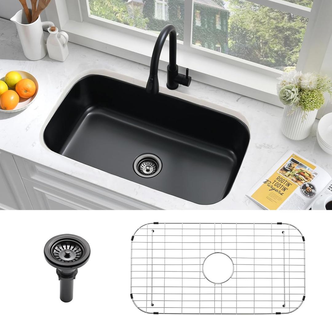 31 Inch Black Undermount Sink Stainless Steel-Bokaiya 31x18 Kitchen Sink Undermount Black Stainless Steel Sink 16 Gauge Single Bowl Kitchen Sink with Dish Grid