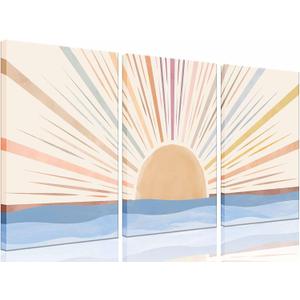 3Pcs Framed Boho Canvas Wall Art Sun Sunrise Yellow Line Pictures Prints Wall Decor Modern Mid Century Rainbow Posters Nature for Living Room Bedroom Bathroom Office Home Decoration16x24inx3