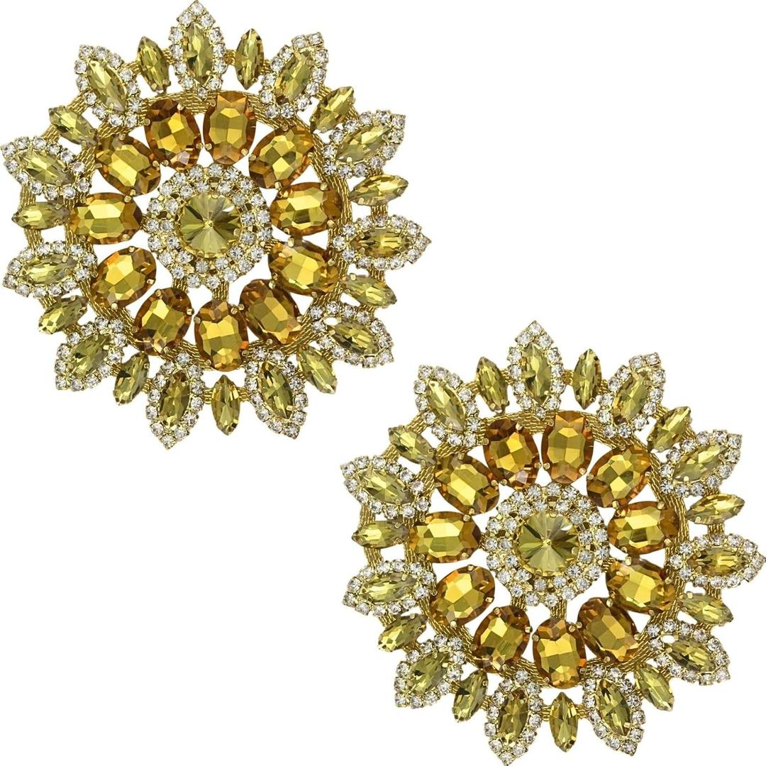PEARLY JUN 2 PCS Rhinestone Applique Yellow Gold Flower Crystal Patches Trim Clothing Diamond Embellishments for Bridal Wedding DIY Dresses Fabric Accessories