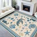 8x10 Area Rug for Living Room Coastal Nautical Rug Machine Washable Sea Turtle Starfish Seashell Coral Rugs Non Slip Low Pile Large Dining Room Indoor Floor Carpet for Bedroom Office,Blue