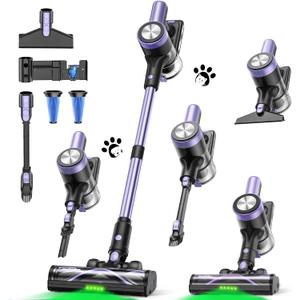 Cordless Vacuum Cleaner, 55KPa/500W Stick Vacuum with 55 Mins Runtime, Self-Standing Vacuum Cleaner for Home, LED Display, Anti-Tangle Brush, Rechargeable Vacuum for Hardwood Floor, Pet Hair (Purple)