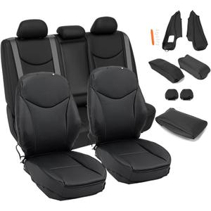 ECOTRIC Front & Rear Seat Covers Full Set Compatible with 2010-2015 Toyota Prius, Black Synthetic Leather Headrest B-Pillar Center Console Armrest Cover Replacement