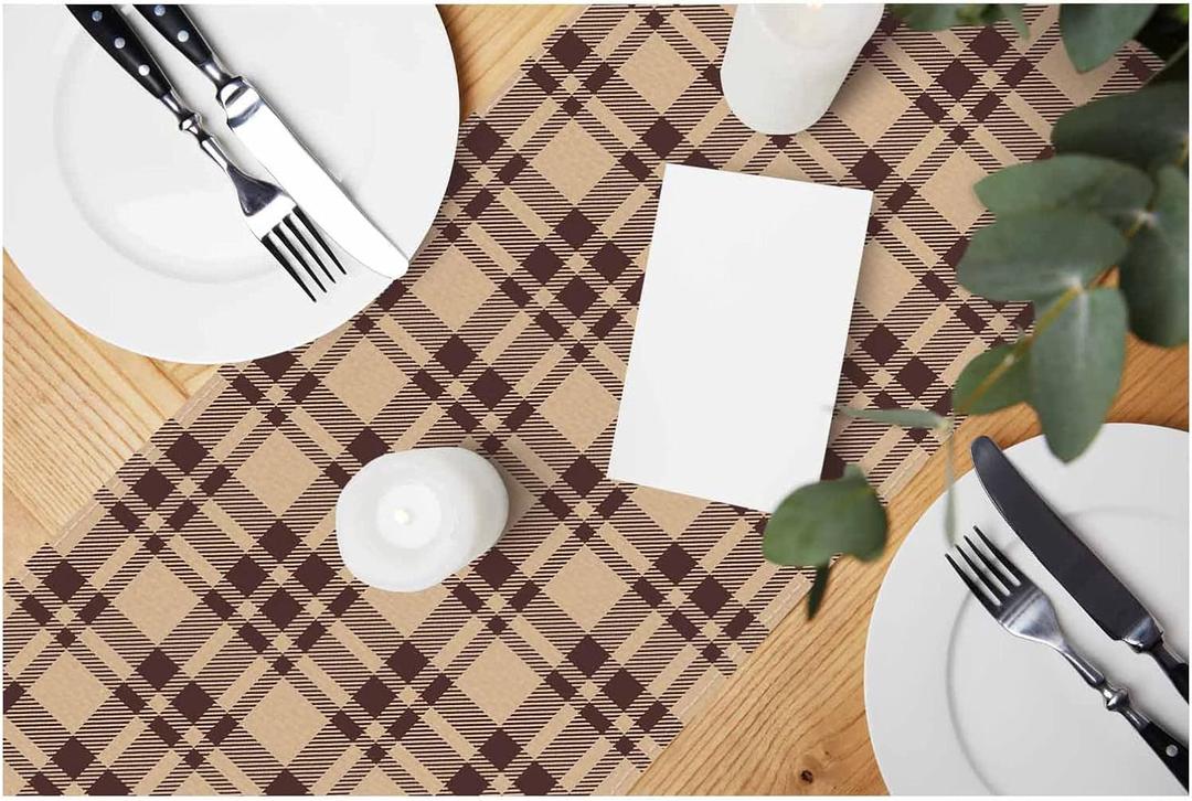 HOSNYE Table Runner Beige Brown Plaid,Cotton Linen Table Runner Decoration for Kitchen Family Dinner Table Holiday Party Farmhouse Style 13 x 72 Inch