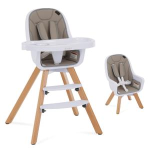volur Zoodle 3-in-1 High Chair in Light Grey | Convertible Wooden Baby Feeding Chair with Dishwasher Safe Removable Tray, Adjustable Footrest, Padded Cushion, 5-Point Harness for Infants & Toddlers