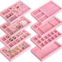 Elsjoy 8 Pack Pink Velvet Jewelry Tray, Drawer Insert Jewelry Organizer Tray Stackable Jewelry Storage Holder, Divided Earring Display Trays for Necklace, Ring, Bracelet, 4 Styles