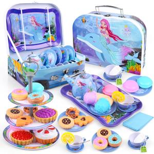 Auney Tea Set Toys for Girls 36pcs, Mermaid Pretend Play Gifts for Toddler Age 3-6, Kids Girls Toys Gifts for Party Time Including Carrying Case (Mermaid Toy)