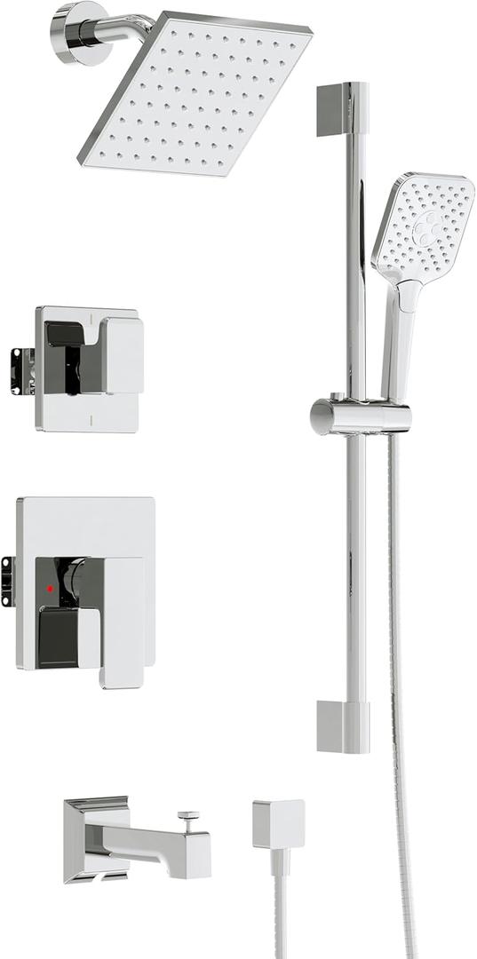 Shower System with Tub Spout - 6 Inches Rain Shower Heads with Handheld Spray Combo Set, Bathtub Shower Faucet Set with Slide Bar (Shower Valve and Diverter Included), Chrome