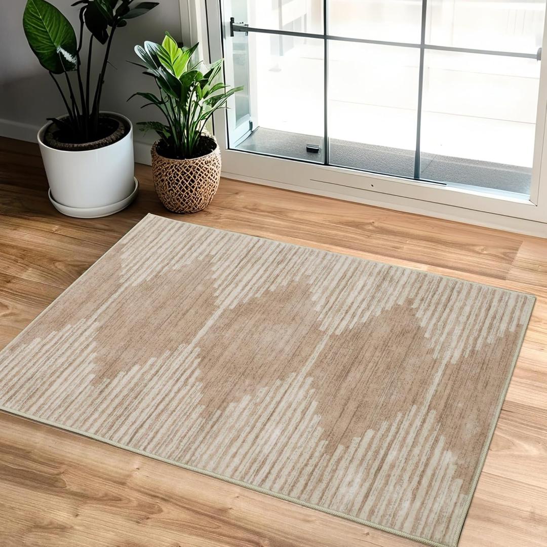 HelloTree 2x3 Entryway Rug, Indoor Small Machine Washable Area Rug Non Slip Backing Home Decor Floor Decoration Mat Boho Rugs for Entrance Kids Room Bedside Bedroom Carpet-Pink&Khaki