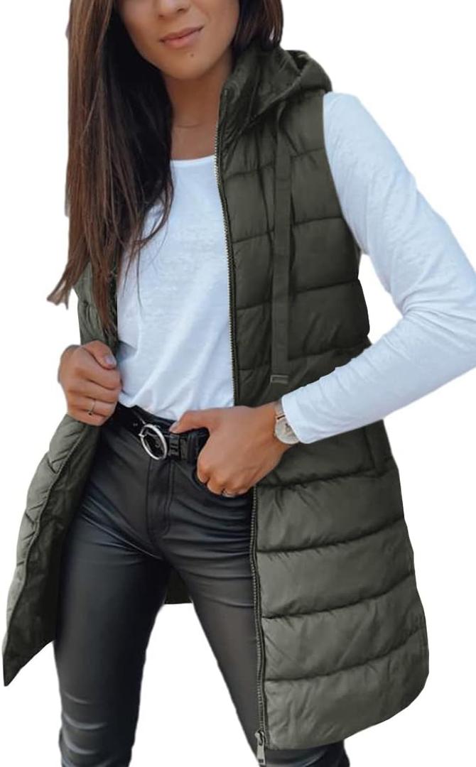 Veatzaer Women Long Vest Solid Color Sleeveless Hood Winter Puffer Vest Outwear (Green, L)