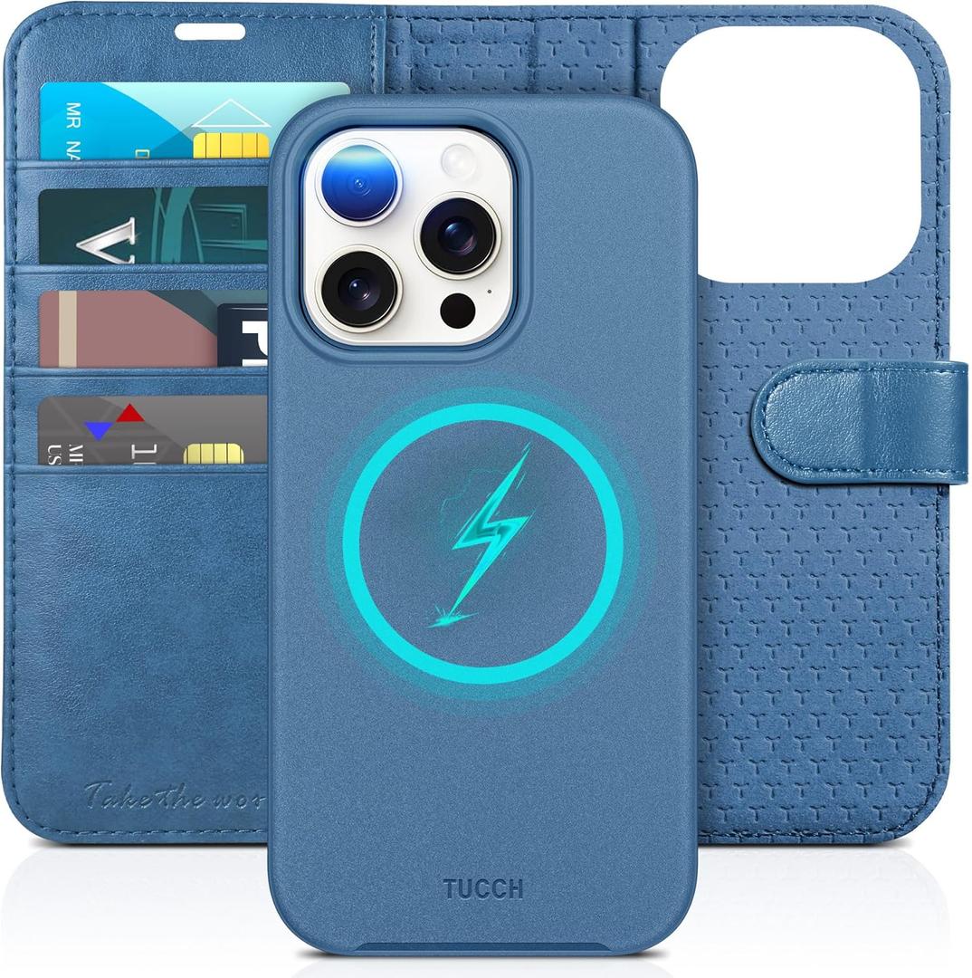 TUCCH Wallet Case for iPhone 15 Pro, [Removable] 2-in-1 Stand RFID Blocking 4 Card Slot Wireless Charging Protective Case, Magnetic PU Leather Detachable Folio Compatible with iPhone 15 Pro, Lake Blue