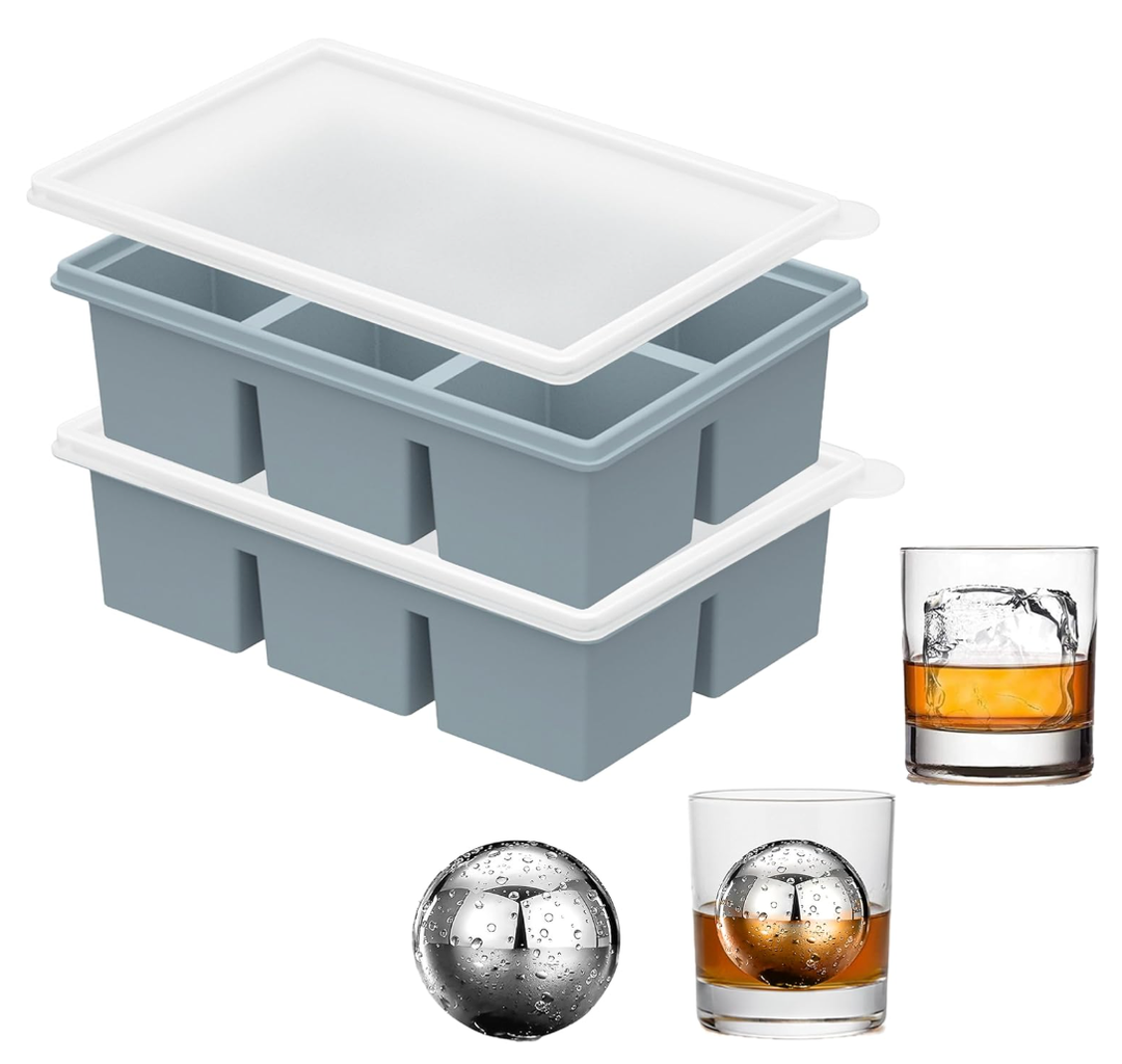 Large Silicone Ice Cube Tray with Lid & XL Stainless Steel Ice Balls - Easy Release 2" Big Sphere Ice Maker Mold & Reusable Metal Chilling Spheres - Non-Diluting Whiskey Gifts for Him Dad-BLUE