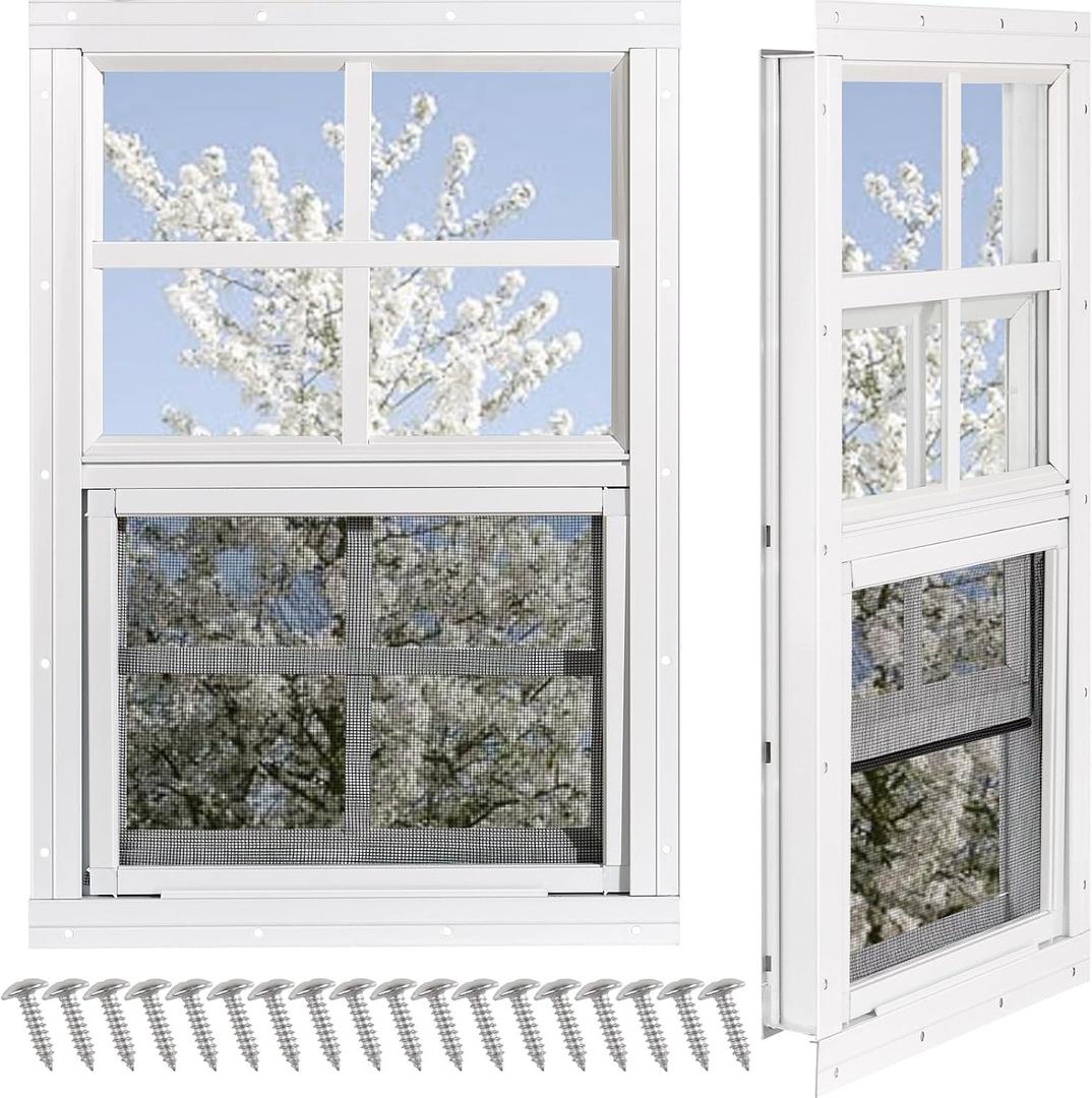 Shed Windows 2 Pack, Chicken Coop Windows 18" x 23" with Tempered Glass and Fiberglass Screen, Flush Mounted Small Window for Shed, Barns, Playhouse, Household, Garage (White)