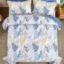 WONGS BEDDING Navy Blue Quilt Queen Size, Botanical Bedspread with Leaves Pattern 3 Pieces Lightweight Microfiber Reversible Coverlet Home Decor for All Seasons96"90"