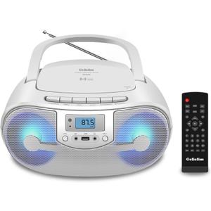 Portable Stereo CD Player Boombox, FM Radio with Bluetooth, Remote Control,CD Players for Home with Headphone/Mic Jack, LED Light Support CD-R/RW/MP3, USB, AC/Battery Operated, White