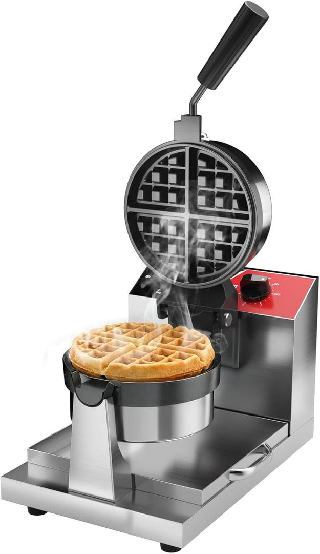 CROSSON Commercial Waffle Maker,Professional Round Belgian Waffle Maker Rotating 180 Non-Stick Plate Machine with Temp and Time Control for Restaurant Bakeries Kitchen 120V/1300W