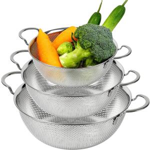 Premium 18/8 304 Stainless Steel Strainer Set of 3 with Handles, Micro-Perforated Colanders, 4-6-8 Quart Set, Self-Draining Solid Base for Pasta, Fruits, Vegetables, Made in Korea