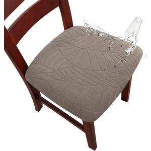 Genina Waterproof Seat Covers for Dining Room Chairs, Stretch Chair Seat Covers Removable Washable Dinning Room Kitchen Chair Cushion Slipcovers (Leaves-Taupe, 4 PCS)