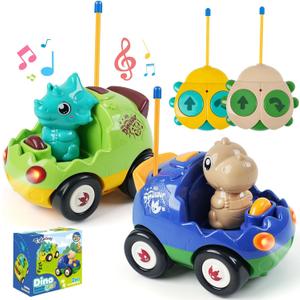 2-Pack Remote Control Dinosaur Cars for Kids  Best Birthday Gifts for Boys Ages 2 3 4 5 Year Old, Electric RC Dino Car Toys for Toddlers 18+ Months with Lights and Music