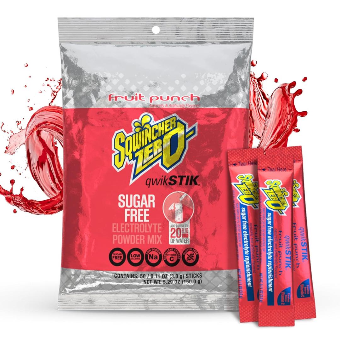 Sqwincher Zero Qwik Stik, Fruit Punch, Sugar Free, Low Calorie, Low Sodium Electrolyte Powder Hydration Drink Mix, .11 0z Packet (Pack of 50) (EXP 01/18/27)