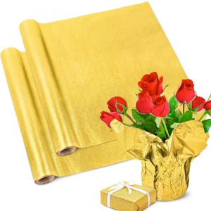 UCandy 2 Roll 5.5 Yard Plant Pot Floral Foil, Matte Texture Floral Foil Festival Plant Pot Covers, Golden Florals Foils Wrapping Paper for Home Garden Pots Vases DIY Mother's Day Decoration