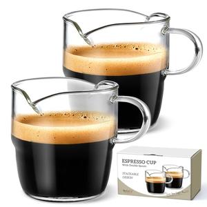 NETANY 6 OZ Espresso Cups Set of 2, Double Spouts Stackable Cups, Espresso Shots Glass Mugs with Handle, Machine Accessories for Coffee Bar, Cute Clear Glasses for Gift