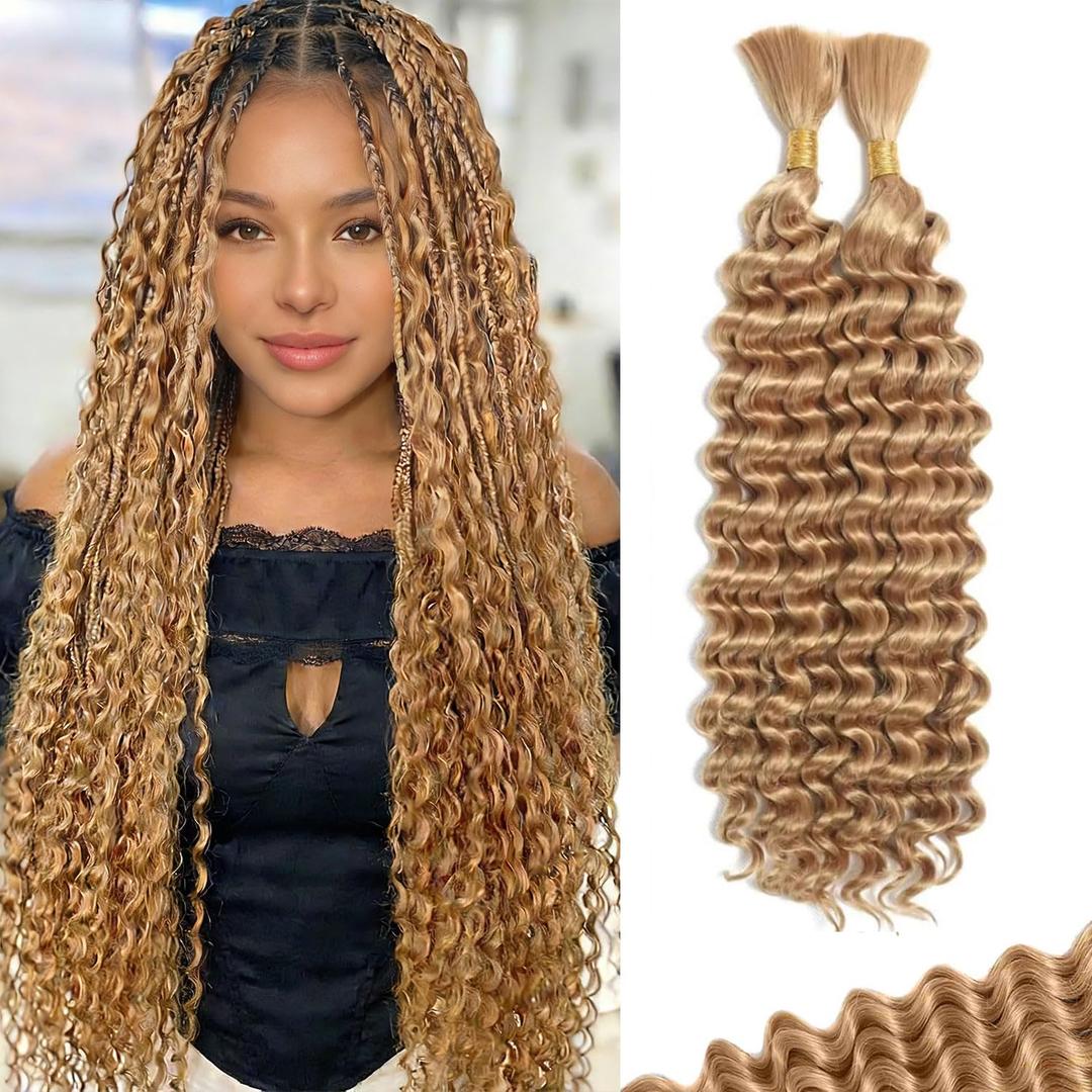 Human Braiding Hair for Boho Braids Bulk Deep Wave Boho Hair for Braiding Wet and Wavy Brazilian Virgin Human Bohemian Hair for Braiding 2 Bundles 160g Honey Blonde 24''
