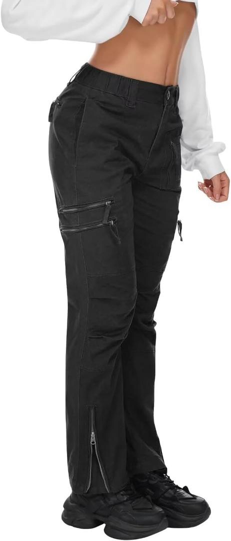 Cargo Hiking Pants for Women Tactical Baggy Pants Women's Casual Y2K with 6 Zipper Pockets No Belt (Black) 16