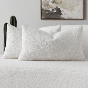 FUTEI Pack of 2 White Decorative Throw Pillow Covers 12x20 Inch Soft Cozy Solid Boucle Textured Lumbar Pillow Cases,Modern Home Decor for Couch Bed Living Room