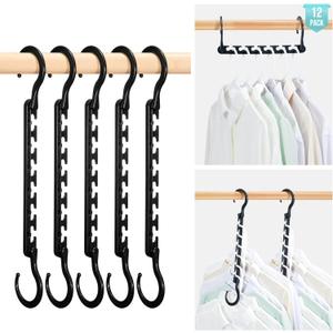 HOUSE DAY Sturdy Plastic Space Saving Hangers 12 Pack, Cascading Organizer Closet Space Saver 80% and Wrinkle Free Clothes, Multi Collapsible for Heavy Clothes, Shirts, Pants (Black)