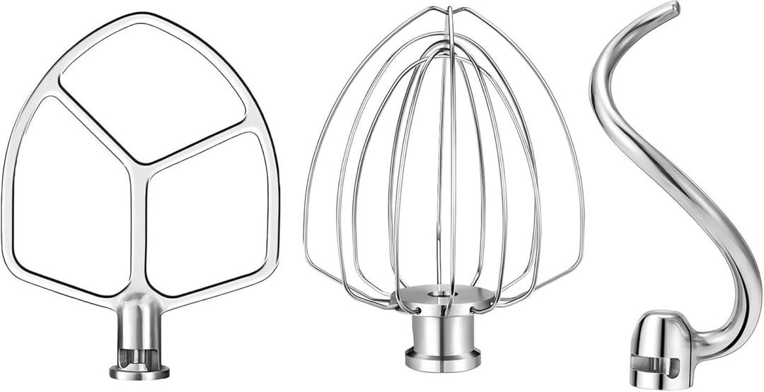 Stainless Steel Accessories for KitchenAid 5-6 Qt Bowl-Lift Stand Mixer, 6 Wire Whisk, Flat Beater and Dough Hook for 6 Quart Mixing Bowl, Fits KP26, KL26, KB26, KSM55/60, Dishwasher Safe, Heavy Duty