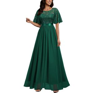 Miusol Women's Elegant Sequin Lace Butterfly Sleeve Formal Evening Maxi Dress (XX-Large, Dark Green)