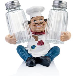 Chef Resin Salt & Pepper Shakers - Glass Spice Jars with Adorable Chef Figurine - Adorable Kitchen Decor