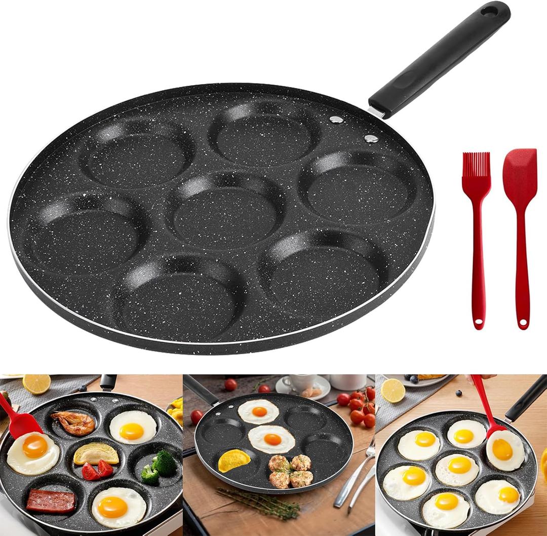 Aluminum Egg Frying Pan - 7 Mold Nonstick Crepe Cooker for Breakfast Omelets With Spatula and Brush - Easy to Clean