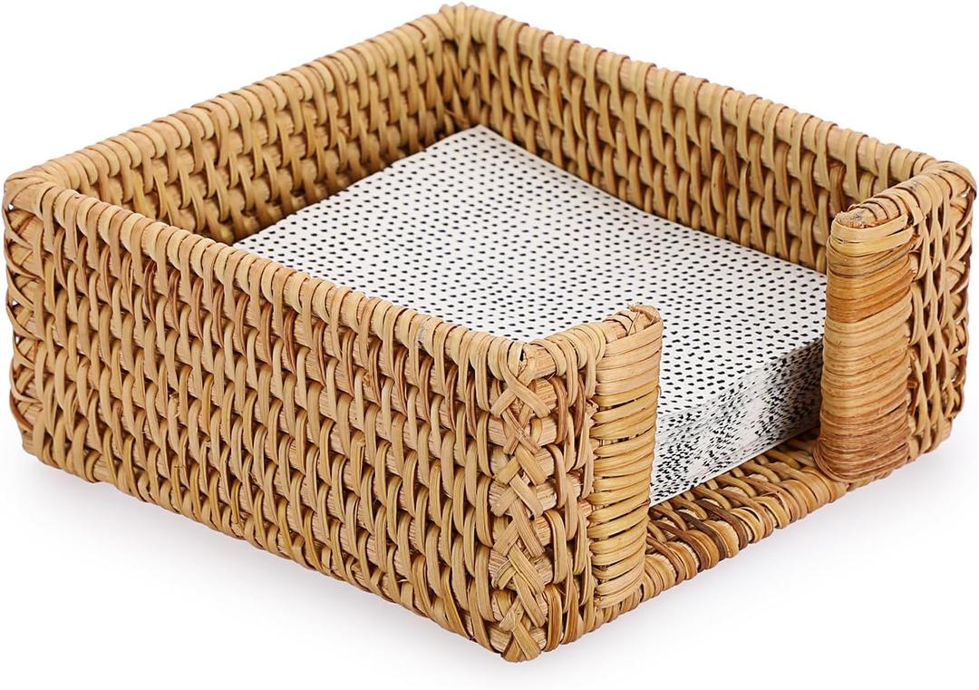 Sumnacon Napkin Holder,Square Rattan Napkin Holder Table Wicker Countertop,Cocktail Napkin Holders Rustic Napkin Holders for Kitchen Dining Table Counter Vintage Napkin Basket for Picnic Wedding Party (5.9 x 5.9 Inch/Cocktail, Honey Brown)