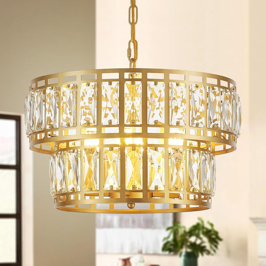16" Gold Crystal Chandelier 4-Light Modern Round Glass Pendant Ceiling Light Fixture 2-Tier Luxury K9 Crystal Chandeliers for Dining Room, Kitchen Island, Living Room Bedroom