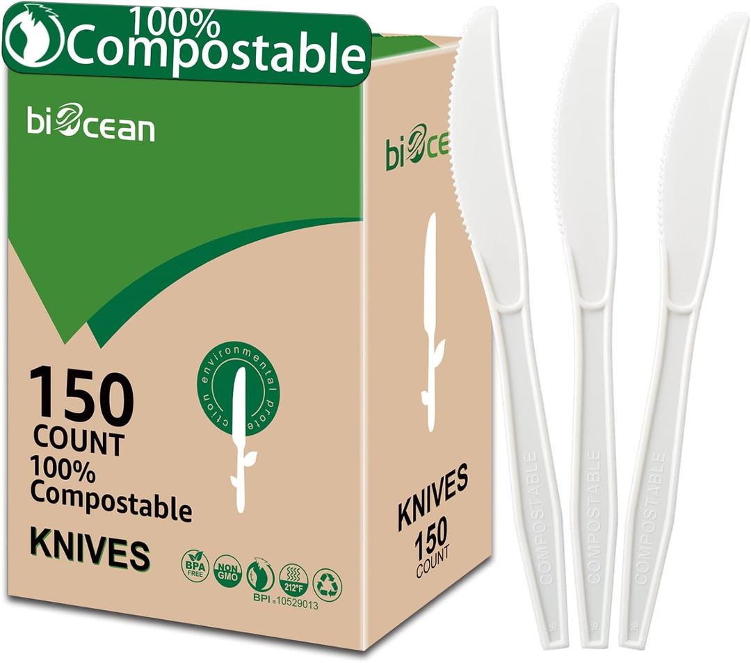 100% Compostable No Plastic Knives Plastic Forks Plastic Spoons Plastic Utensils, The Heavyweight Heavy Duty Flatware is Eco Friendly Products for Lounge Party Wedding BBQ Picnic Camping.