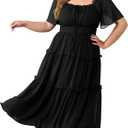 Plus Size Floral Chiffon Maxi Dress for Women ,Square Neck Puff Sleeve Lined Summer Beach Dress 3XL