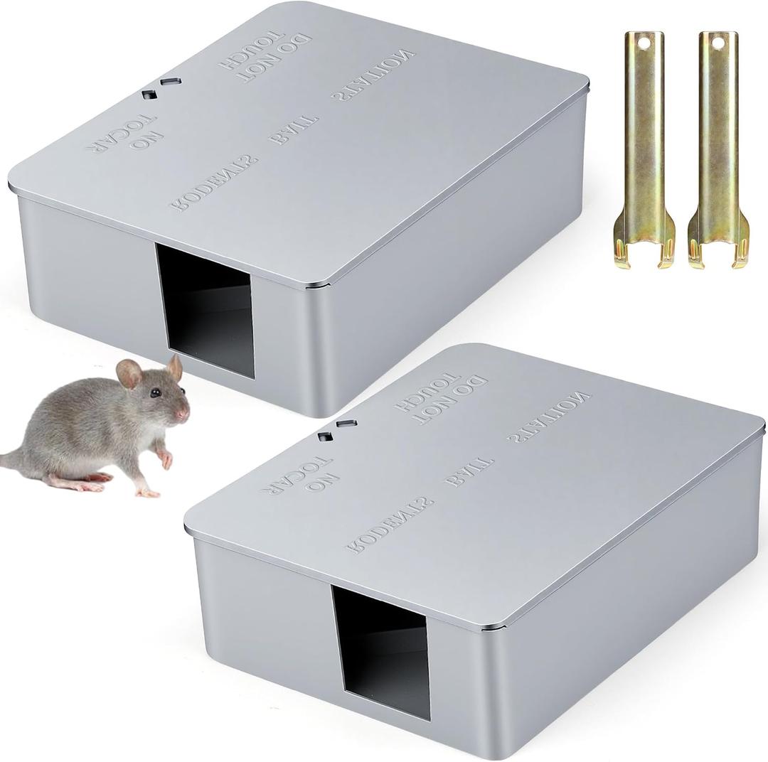 2 Pack Rat Bait Stations with key - Reusable Rodent Station for Indoor Outdoor Garden Warehouse Garage, WeatherResistant Mouse Station Box to Fix Bait Block Keep Rat Away Pets Safe, Dual-Entry Tunnel